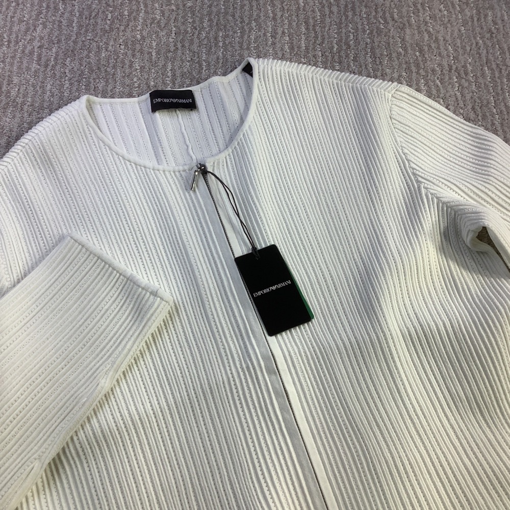 Emporio Armani White Ribbed Knit Zip Front Blazer Jacket Eco Viscose Size 50 NWT